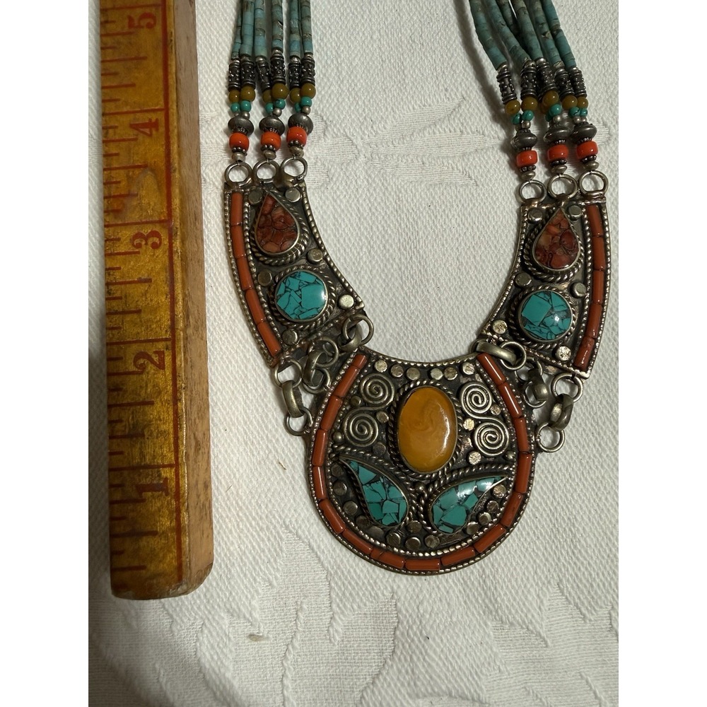 Vintage Design Tibetan Handmade Necklace With Turquoise Copal & Coral Stone - Picture 7 of 10